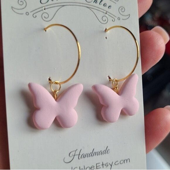 Cute 18K Gold Plated Matte Pink Clay Butterfly Dangle Hoop Earrings Fairycore - Picture 6 of 8